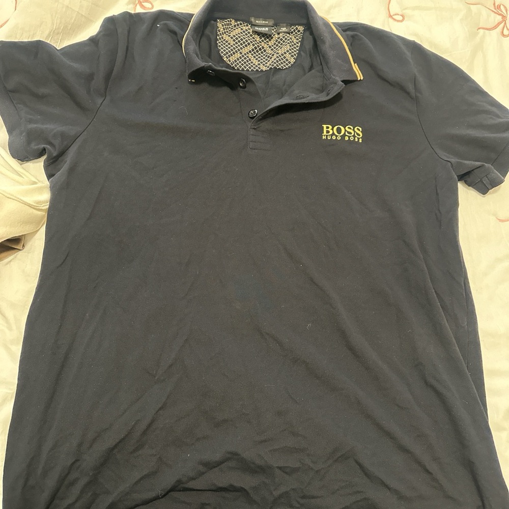 Boss Navy Polo Shirt with Yellow Accents